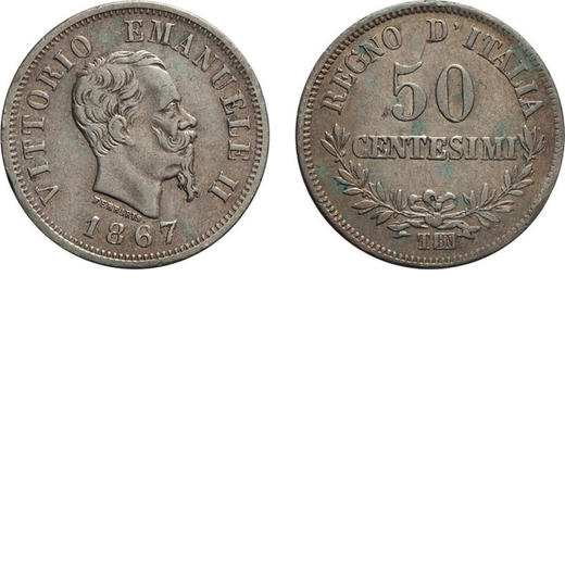 REGNO DITALIA. VITTORIO EMANUELE II. 50 CENTESIMI VALORE 1867  Torino. Argento, 2,38 gr, 18 mm, MB+.