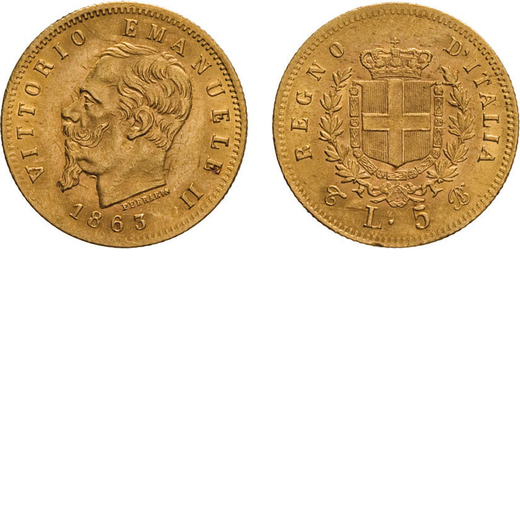 REGNO DITALIA. VITTORIO EMANUELE II. 5 LIRE ORO 1863  Torino. Oro, 1,57 gr, 17 mm, SPL+. Rara.<br>D: