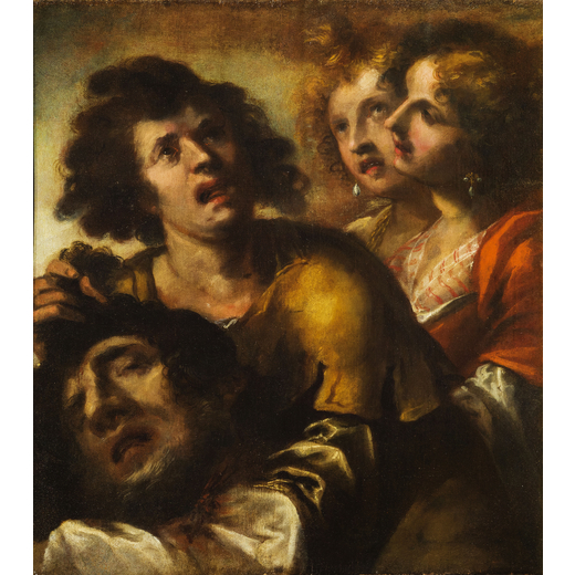 PITTORE VENETO DEL XVII SECOLO Trionfo di Davide<br>Olio su tela, cm 71X63