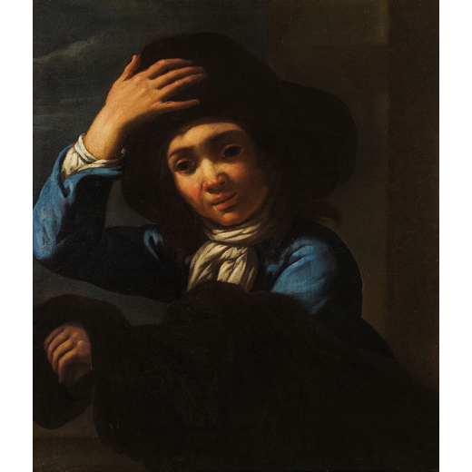 ANTONIO MERCURIO AMOROSI (Comunanza, 1660 - Roma, 1738)<br>Ritratto di Giovane con cappello<br>Olio 