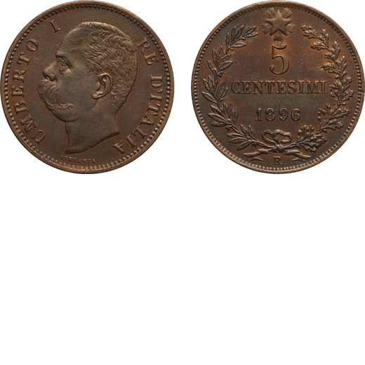 REGNO DITALIA. UMBERTO I. 5 CENTESIMI 1896  Roma. Rame, 5,01 gr, 25 mm, SPL. Rara.<br>D: UMBERTO I R