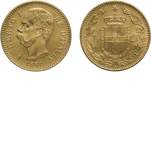 REGNO DITALIA. UMBERTO I. 20 LIRE 1882 1 ROVESCIATO Roma. Oro, 6,44 gr, 21 mm, SPL+. Ex Varesi 57. M