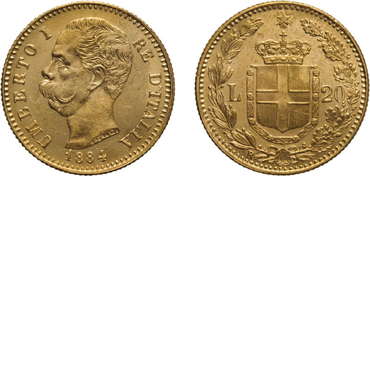 REGNO DITALIA. UMBERTO I. 20 LIRE 1884 Roma. Oro, 6,44 gr, 21 mm, qFDC. Molto Rara.<br>D: UMBERTO I 