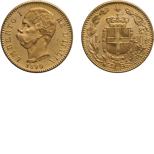 REGNO DITALIA. UMBERTO I. 20 LIRE 1890 Roma. Oro, 6,45 gr, 21 mm, colpetto sul bordo, SPL.<br>D: UMB