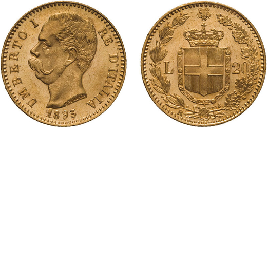 REGNO DITALIA. UMBERTO I. 20 LIRE 1893 Roma. Oro, 6,44 gr, 21 mm, SPL+. Uno del millesimo ribattutto