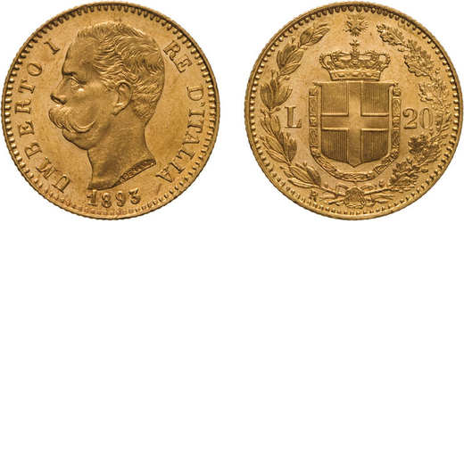 REGNO DITALIA. UMBERTO I. 20 LIRE 1893 Roma. Oro, 6,45 gr, 21 mm, qFDC. Molto Rara.Uno del millesimo