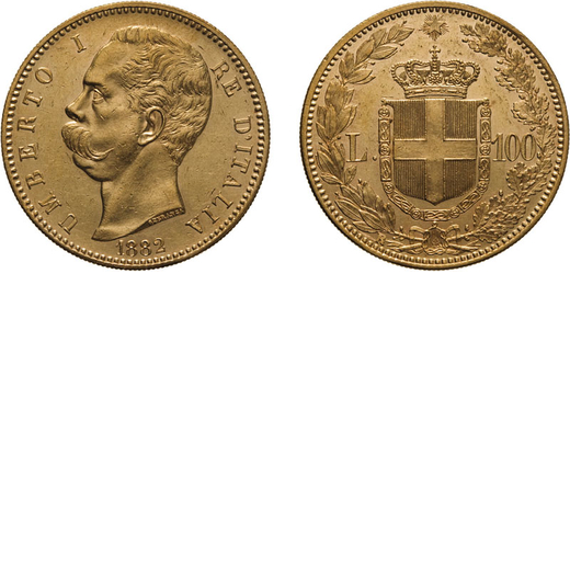 REGNO DITALIA. UMBERTO I. 100 LIRE 1882 Roma. Oro, 32,26 gr, 35 mm, SPL/FDC. Molto Rara.<br>D: UMBER