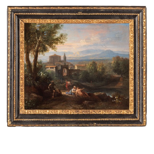 JAN FRANS VAN BLOEMEN detto LORIZZONTE  (Anversa, 1662 - Roma, 1749)<br>Veduta di Caprarola<br>Olio 