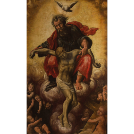 LIVIO MODIGLIANI (attr. a)  (Forlì, 1540 circa - 1609 circa) <br>Trinità <br>Olio su tavola, cm 14