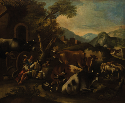 JACOB ROOS detto ROSA DA NAPOLI (Roma, 1682 - Napoli, 1730)<br>Scena pastorale<br>Olio su tela, cm 1