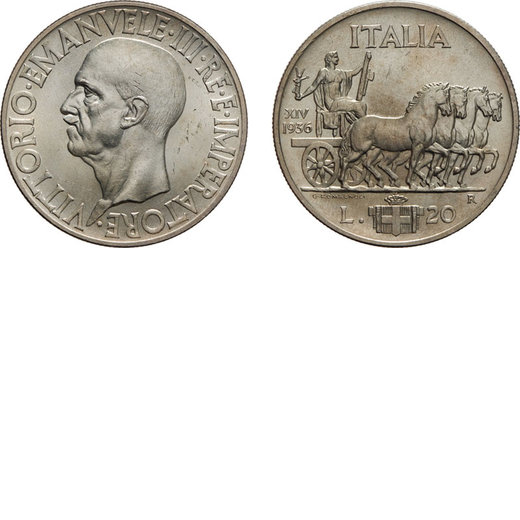 REGNO DITALIA. VITTORIO EMANUELE III. 20 LIRE IMPERO 1936 Roma. Argento, 20 gr, 35,5 mm, qFDC. Rara.