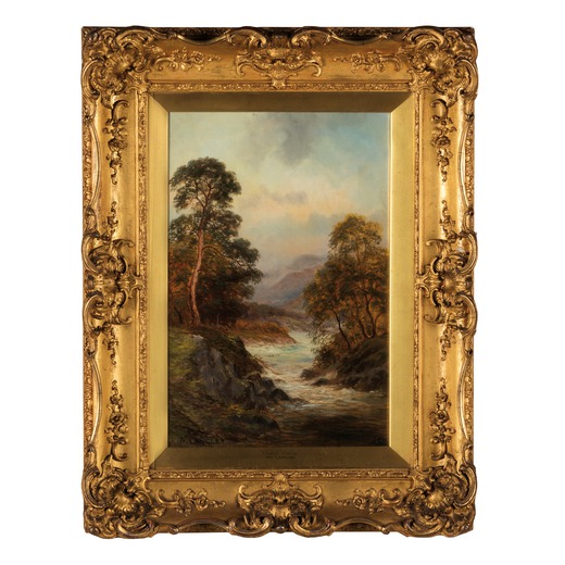 WILLIAM LANGLEY (1852-1922)  Paesaggio britannico con torrente e alberi <br>Firmato W Langley in bas
