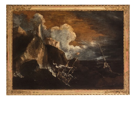 PITTORE DEL XVII-XVIII SECOLO Tempesta di mare<br>Olio su tela, cm 80X111