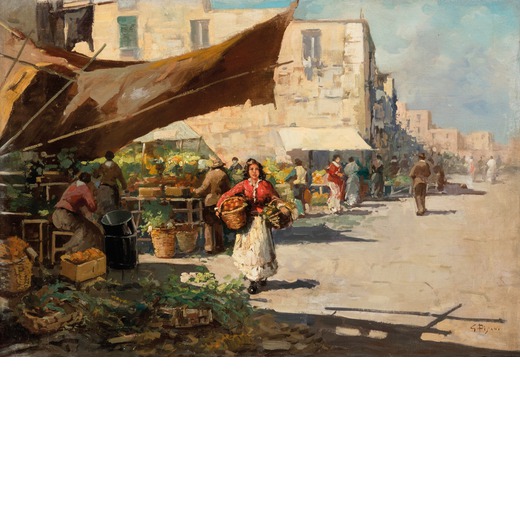GUSTAVO PISANI (1877-)  Popolana al mercato di Salerno <br>Firmato G. Pisani in basso a destra <br>O