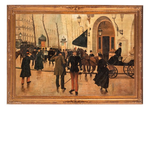 PITTORE FRANCESE DEL XIX SECOLO (-)  Piazza di Parigi con figure e carrozze <br>Firma non identifica
