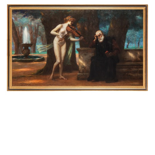GEORGE VON HOESSLIN (1851-1923)  Paesaggio con fanciulla che suona il violino e figura di saggio<br>