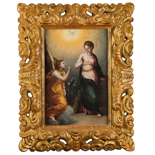 GIOVANNI BIZZELLI (Firenze, 1556 - 1612)<br>Annunciazione<br>Olio su tavola, cm 43X29