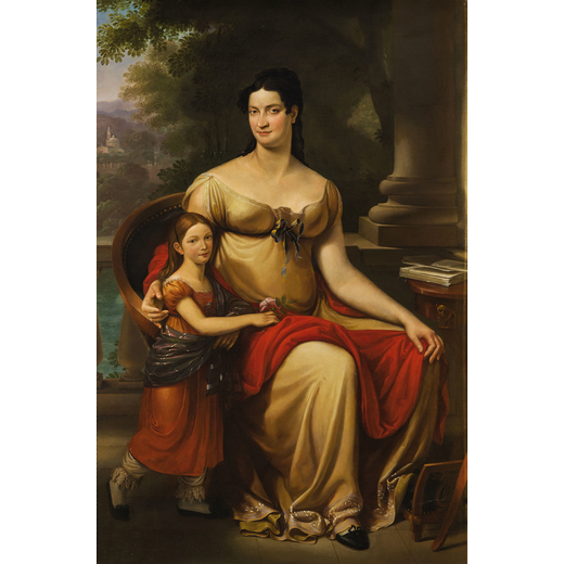 FRANÇOIS PASCAL SIMON GÉRARD (maniera di) (Roma, 1770 - Parigi, 1837)<br>Ritratto di dama con la f