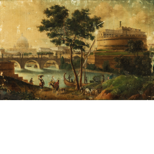PITTORE DEL XVIII-XIX SECOLO  Veduta romana con Castel SantAngelo <br>Olio su cartoncino, cm 56X84
