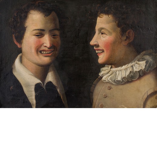 PITTORE DEL XVII SECOLO Giovani che ridono<br>Olio su tela, cm 40X60