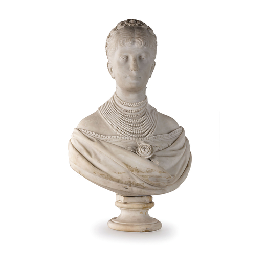 SCULTURA IN MARMO, XIX SECOLO  raffigurante busto di Margherita di Savoia con collana di perle e spi