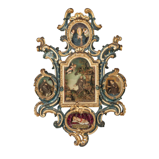 CEROPLASTA DEL XVIII SECOLO composizione di rilievi in cera policroma raffiguranti San francesco dAs