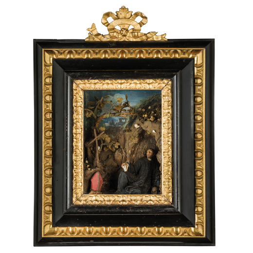 CEROPLASTA DEL XVIII SECOLO  composizione in cera policroma raffigurante San Benedetto, entro cornic