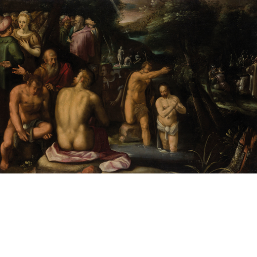 CORNELIS VAN HAARLEM (attr. a) (Haarlem, 1562 - 1638?)<br>Battesimo di Cristo<br>Olio su tela, cm 10