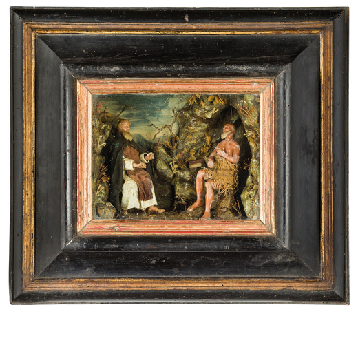 CEROPLASTA DEL XVIII SECOLO composizione in cera policroma raffiguramte San Domenico ed eremita, ent