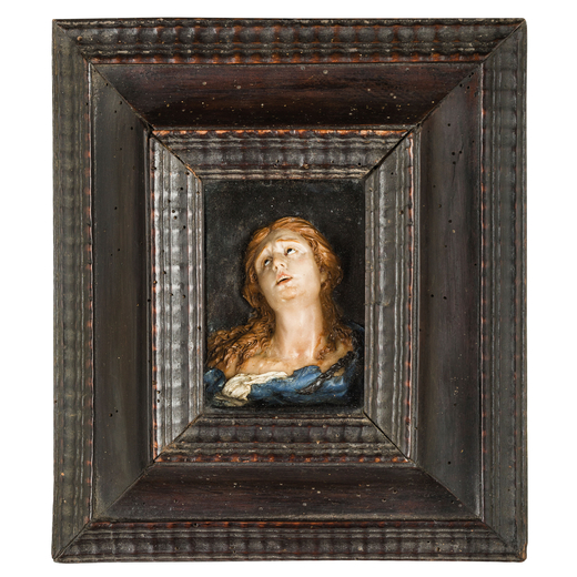 CEROPLASTA DEL XVIII SECOLO rilievo in cera policroma raffigurante Maria Maddalena in estasi con occ