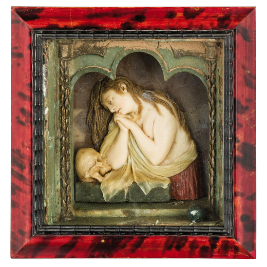 CEROPLASTA DEL XVIII SECOLO rilievo in cera raffigurante Maddalena penitente, entro cornice in legno