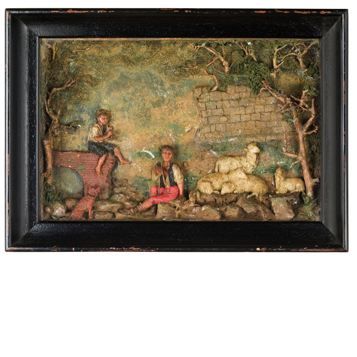 CEROPLASTA DEL XVIII-XIX SECOLO composizione in cera policroma raffigurante pastorelli con gregge su