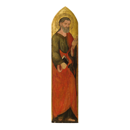 PITTORE MARCHIGIANO DEL XIV-XV SECOLO San Giovanni Evangelista <br>Tavola su fondo oro, cm 138X31