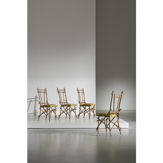 MANIFATTURA ITALIANA Quattro sedie. Bambù, ottone, tessuto imbottito. Italia anni 70<br>cm 106x44x5