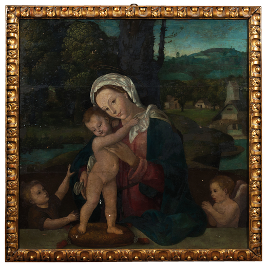 PITTORE DEL XVI-XVII SECOLO  Madonna con Bambino e due putti <br>Olio su tavola, cm 78X78