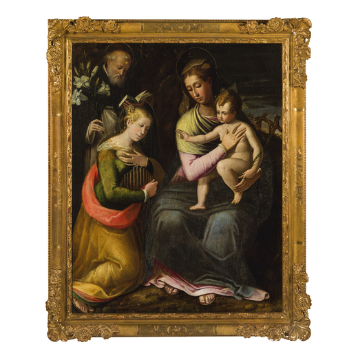PITTORE EMILIANO ROMAGNOLO DEL XVI-XVII SECOLO Madonna con il Bambino, Santa Caterina e San Domenico