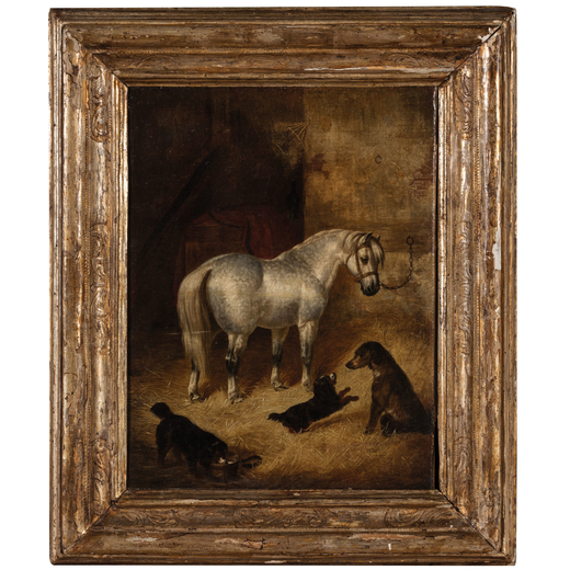 PITTORE INGLESE DEL XVIII-XIX SECOLO Cavallo e cani<br>Olio su tela, cm 31,5X41