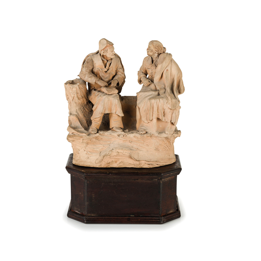 GRUPPO IN TERRACOTTA, XIX-XX SECOLO raffigurante due figure di popolani assisi su base mistilinea, p