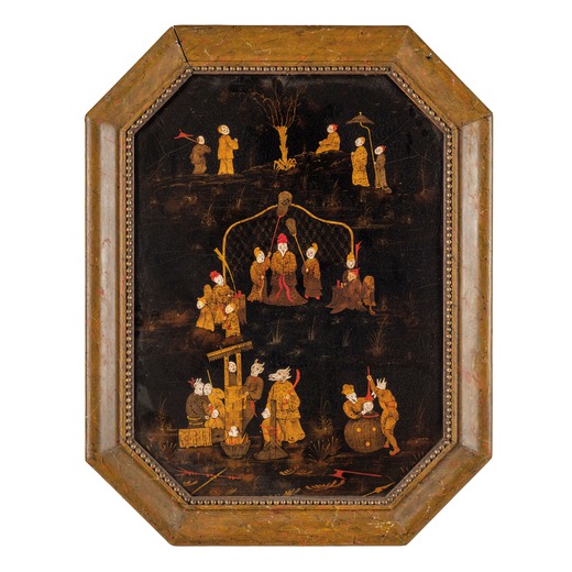 PANNELLO IN LEGNO LACCATO, XVIII-XIX SECOLO decorato alla chinoise con figure, entro paesaggi minimi