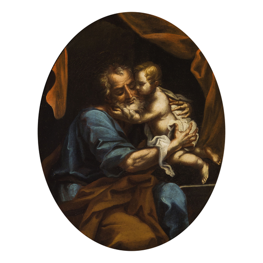 PITTORE EMILIANO DEL XVII-XVIII SECOLO San Giuseppe con il Bambino<br>Olio su tela ovale, cm 72X56