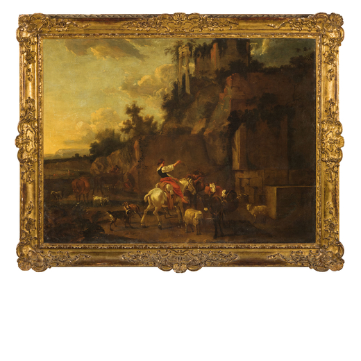 NICOLAES BERCHEM (maniera di) (Haarlem, 1620 - Amsterdam, 1683)<br>Paesaggio con armenti <br>Olio su