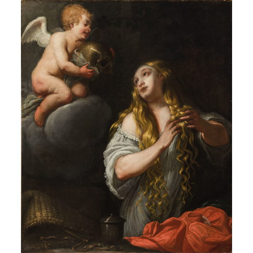 PITTORE EMILIANO DEL XVII-XVIII SECOLO Maddalena<br>Olio su tela, cm 133X112