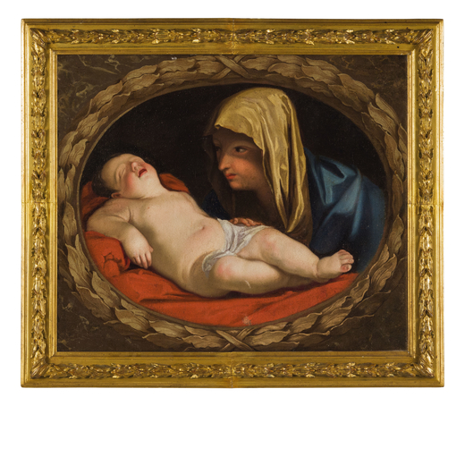 PITTORE DEL XVII-XVIII SECOLO Bambino dormiente<br>Olio su tela, cm 52,5X60