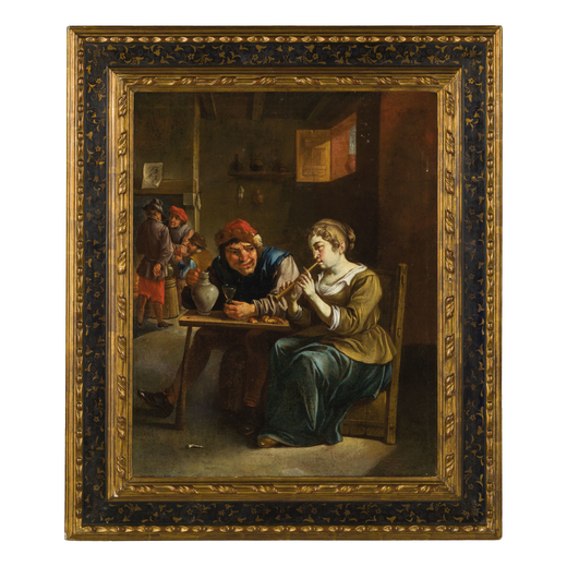PITTORE DEL XVII-XVIII SECOLO Scena di taverna<br>Olio su tela, cm 64X53