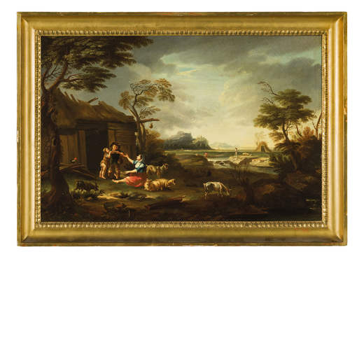 PITTORE NEOCLASSICO  Paesaggio campestre con figure <br>Olio su tela, cm 50X70
