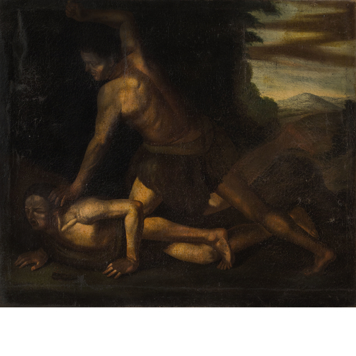 PITTORE DEL XVII-XVIII SECOLO Caino e Abele<br>Olio su tela, cm 70X81