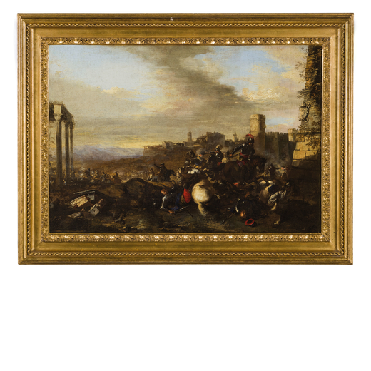 JACQUES COURTOIS  (Saint-Hyppolite, 1621 - Roma, 1676) <br>Battaglia<br>Olio su tela, cm 56X72