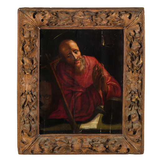 PITTORE DEL XVI-XVII SECOLO  San Girolamo <br>Olio su tavola, cm 62X50