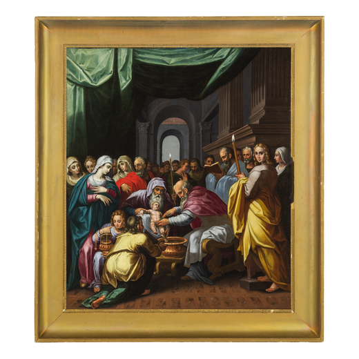 PITTORE DEL XVI-XVII SECOLO Circoncisione<br>Olio su prima tela, cm 119,5X102