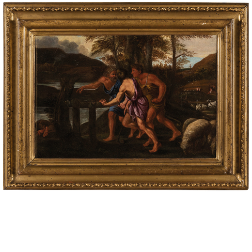 PITTORE ROMANO DEL XVII SECOLO  Ritrovamento di Romolo e Remo <br>Olio su tela, cm 33X48